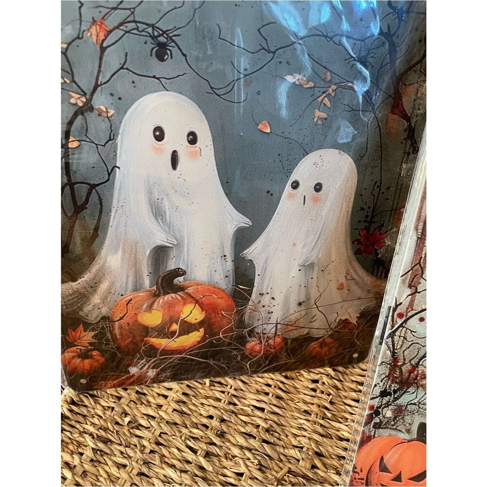 Vintage Halloween Witch & Cat & Ghosts Metal Sign - Black, Orange, White 8.5x12 - Picture 7 of 12